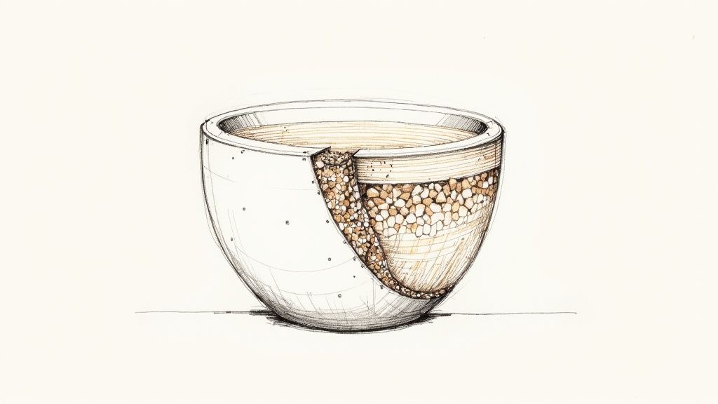 A person potting a small green plant into a terracotta pot, with potting mix and gardening tools on a wooden table.