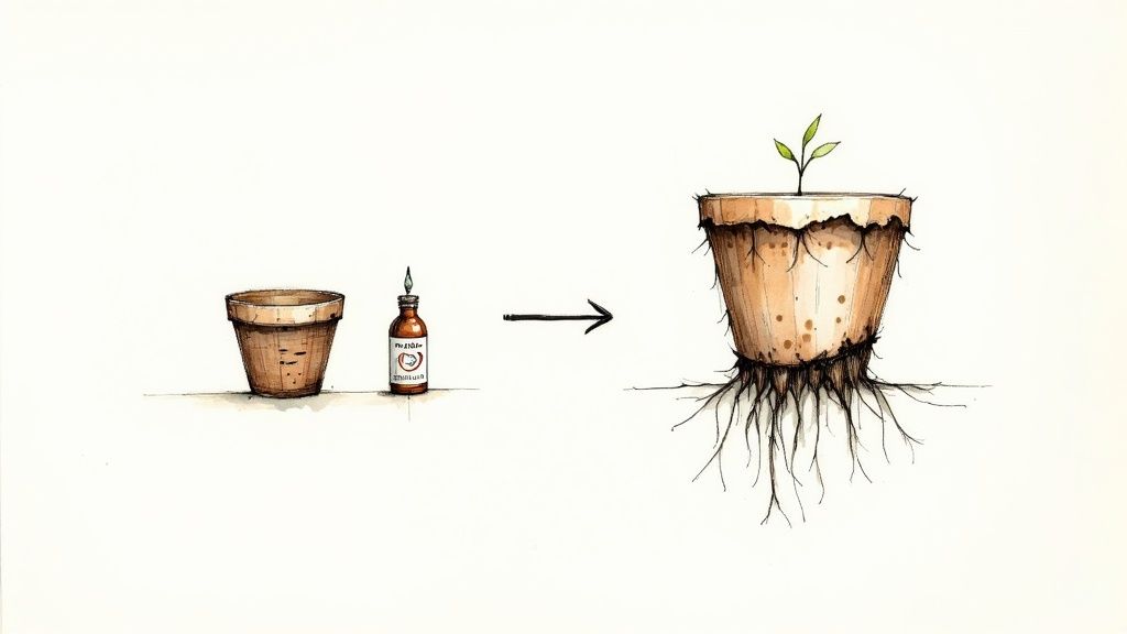 Illustration depicting an empty pot and a fertilizer bottle transforming into a strong plant with roots.