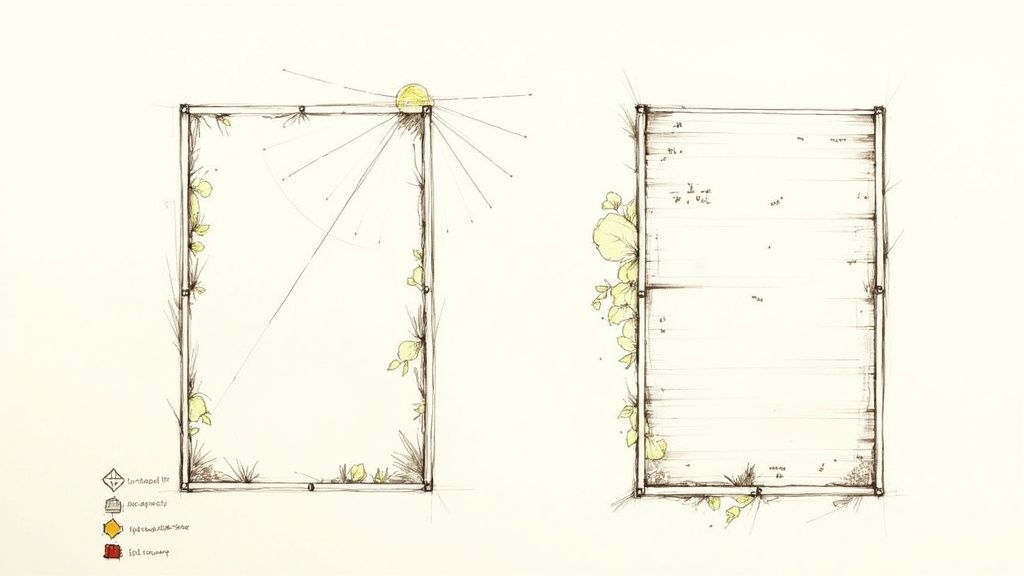 A person planning the layout of a raised garden bed in their backyard.