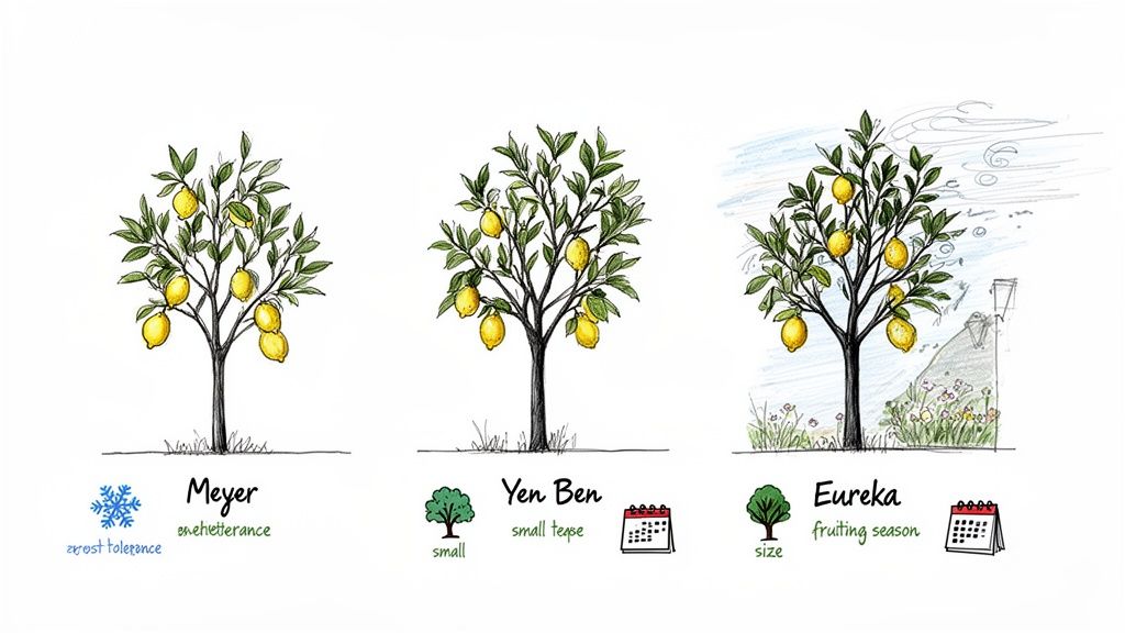 Three illustrated lemon trees: Meyer, Yen Ben, and Eureka, highlighting their characteristics like frost tolerance, size, and fruiting season.