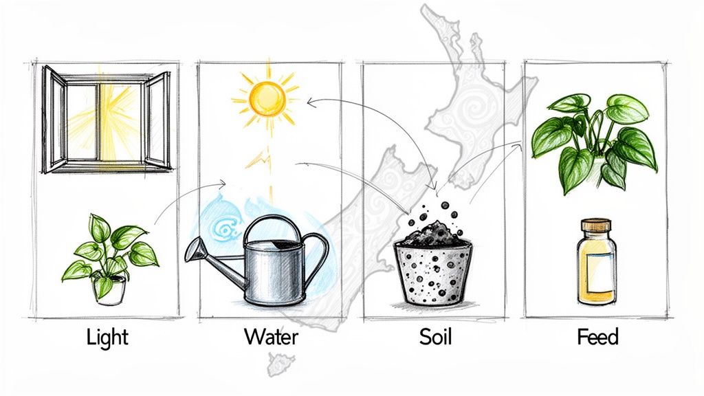 A diagram illustrating the four essential elements for growing a money plant: light, water, soil, and feed.