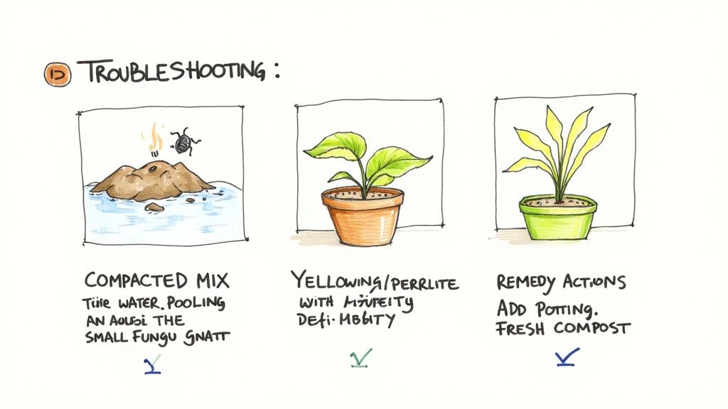 Plant troubleshooting guide showing compacted soil, nutrient deficiency, and remedy actions for healthy growth