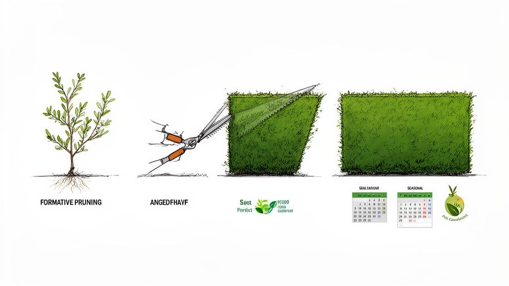 Illustrative diagram showing the process of formative pruning, from a young plant to a trimmed hedge.