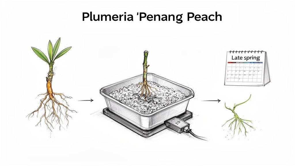Illustration depicting the propagation of Plumeria 'Penang Peach' showing root development with a heated mat.