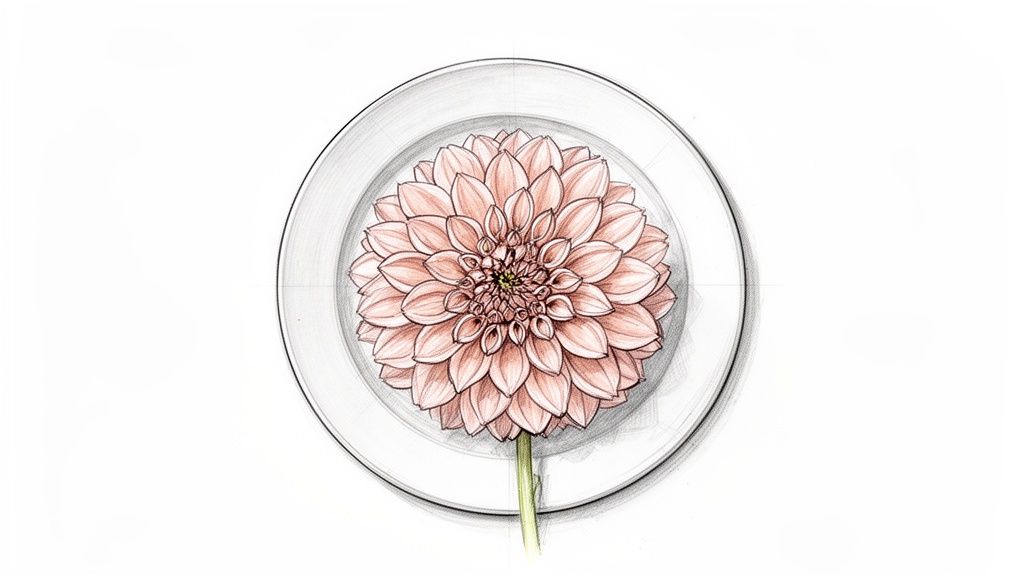 A detailed drawing of a pink dahlia flower centered in a white plate with a green stem.