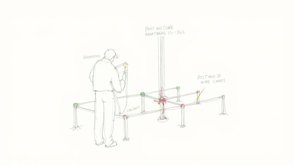 Hand in a glove tying a raspberry cane to a wire support structure