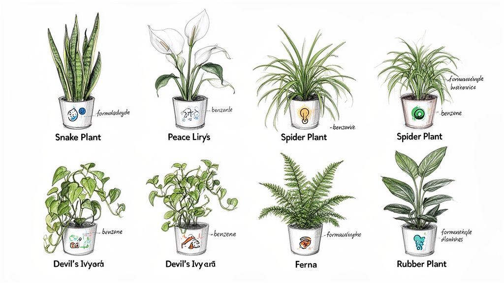 Illustrations of eight popular houseplants like Snake Plant, Peace Lily, and Spider Plant, detailing their air purification properties.