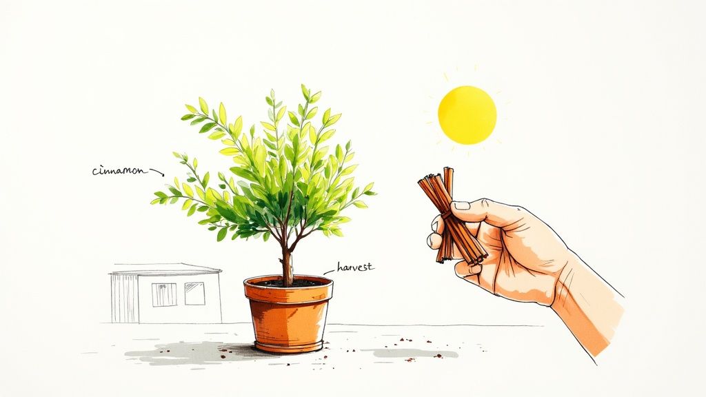 An illustration depicting a potted cinnamon plant, a hand holding harvested cinnamon sticks, and the bright sun.