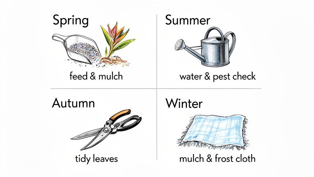 Illustrative guide to seasonal gardening tasks for spring, summer, autumn, and winter plant care.