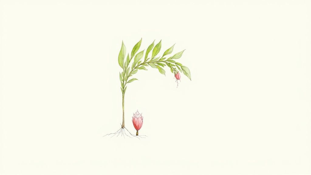 Botanical illustration of a Myoga ginger plant with green leaves, a pink flower, and visible roots.