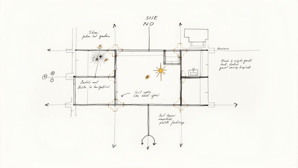 A person sketching a garden plan on a piece of paper with plants in the background.
