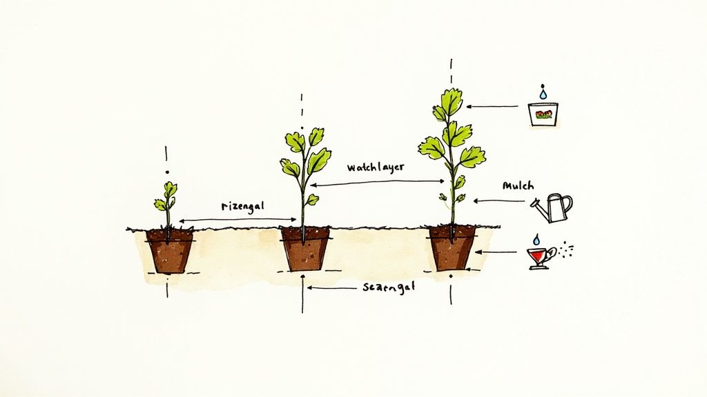 A diagram illustrates three potted plants, likely galangal, showing different growth stages, planting depths, and care methods.