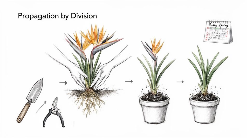 A step-by-step illustration of plant propagation by division, showing tools, splitting roots, and potted plants.
