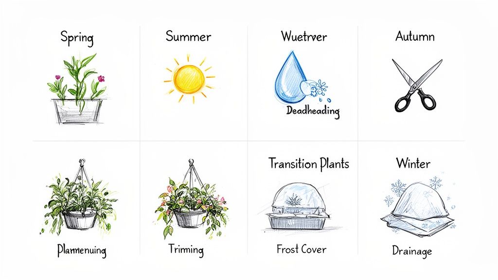 A visual guide illustrating seasonal plant care tasks, including planting, sun, watering, trimming, and winter protection.
