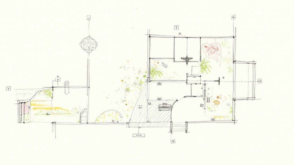 Person sketching a layout of a garden with defined areas and pathways