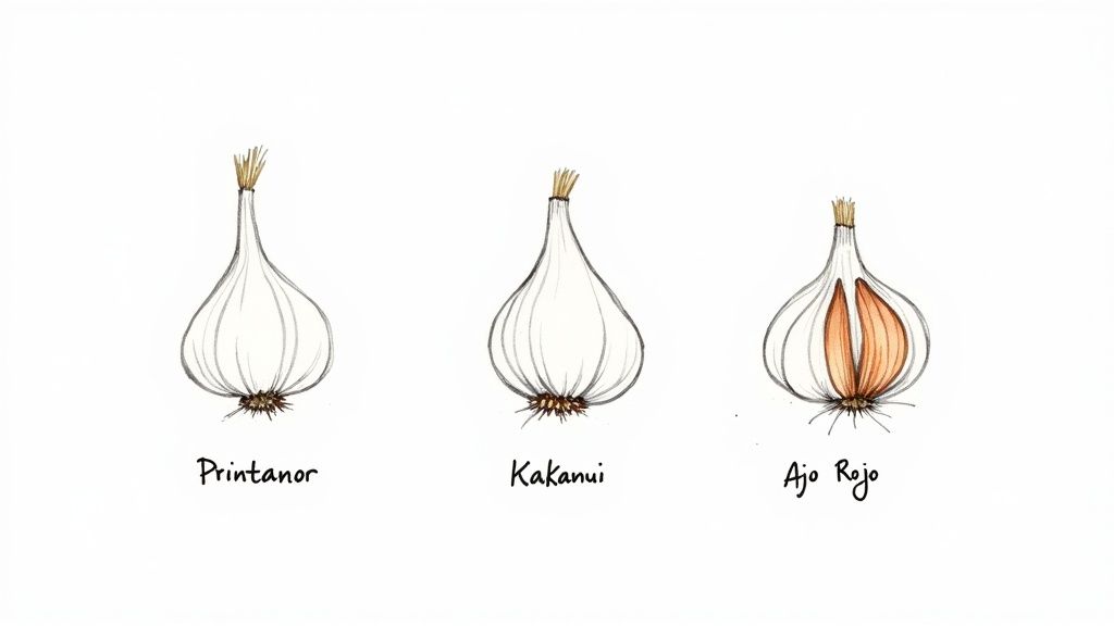 Three hand-drawn illustrations showcase different garlic varieties: Printanor, Kakanui, and Ajo Rojo (sliced).