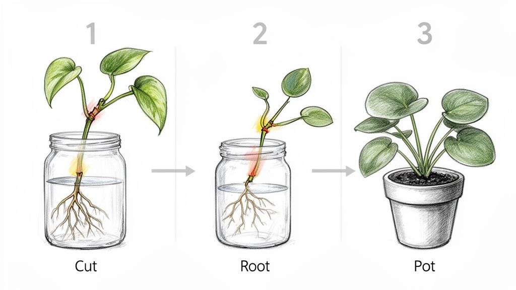 Three steps illustrate plant propagation: a cut stem rooting in water, then a potted plant.