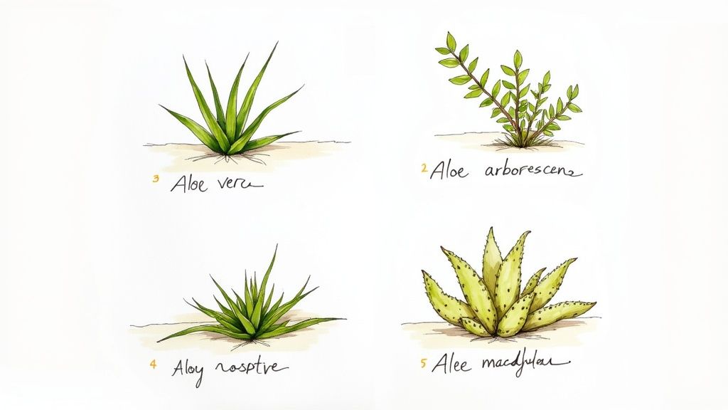 Detailed illustrations of four different aloe plant varieties, including Aloe vera and Aloe arborescens.