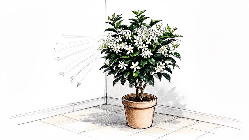 A beautiful illustration of a potted jasmine sambac plant with white flowers in a room corner.