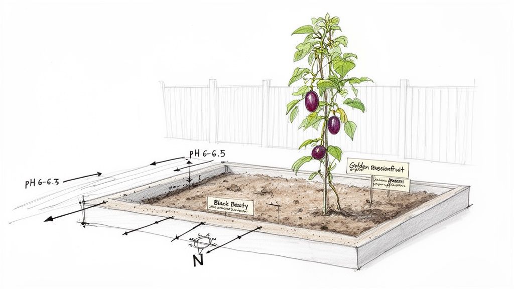 Detailed sketch of a raised garden bed showing a passionfruit plant with fruits, soil pH levels, and plant labels.