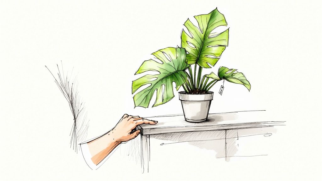 A healthy Monstera deliciosa plant with vibrant green leaves being held in a home setting.