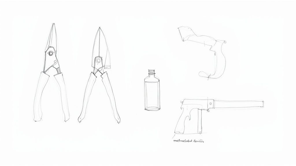 Line drawings of two pruning shears, a bottle, and two stylized gun components on a white background.