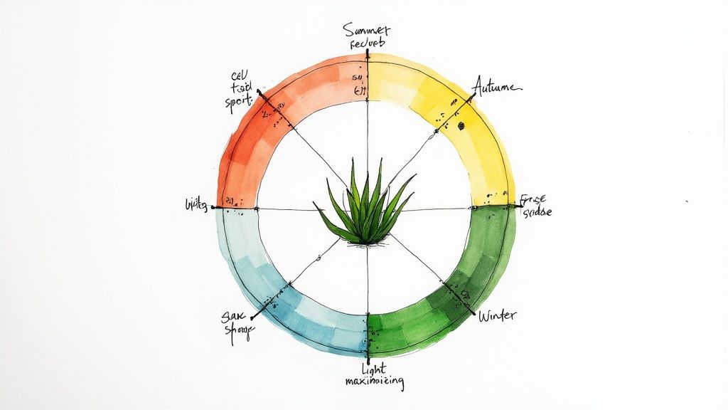 A watercolor diagram illustrating an aloe plant's seasonal changes and stress responses on a color wheel.