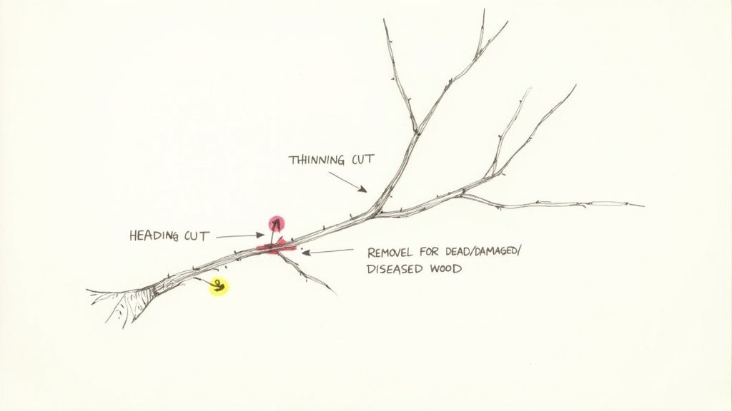 A close-up view of a person making a clean pruning cut on a fruit tree branch.