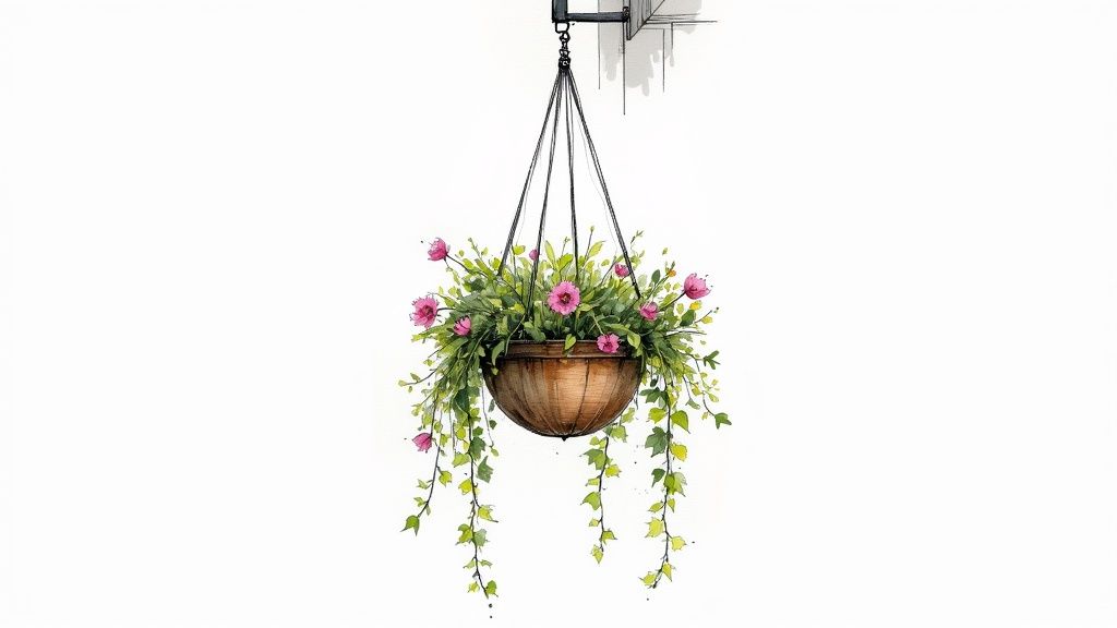 Watercolor illustration of a wooden hanging basket with pink flowers and green foliage, suspended from a wall bracket.