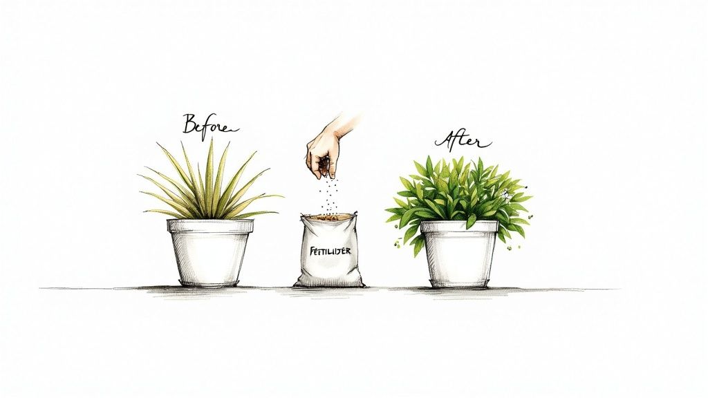 An illustration showing a sparse plant before fertilizer, and a lush plant after fertilizer application.