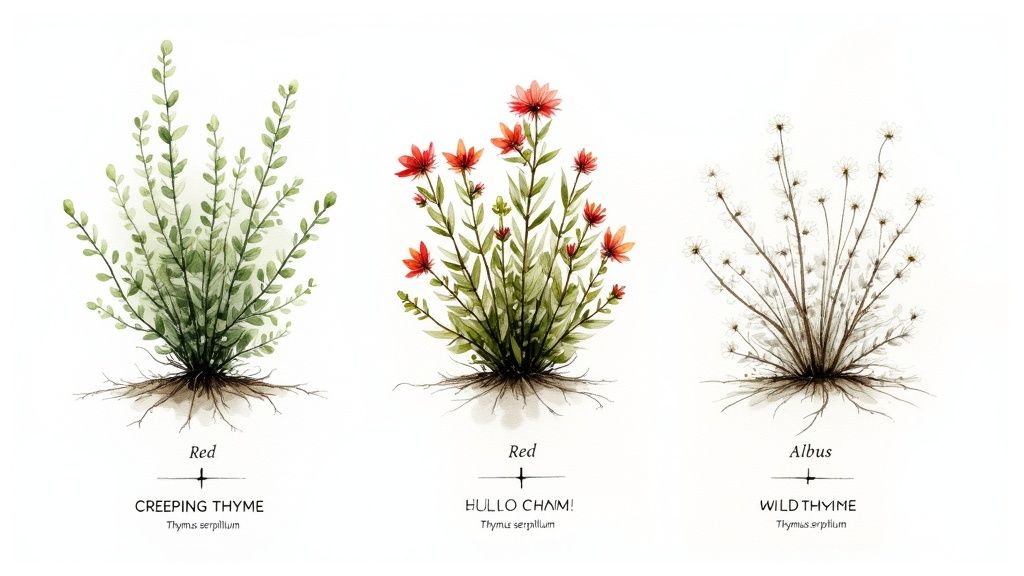 Three watercolor illustrations showing different thyme plant varieties: creeping thyme, red-flowered, and white-flowered wild thyme.