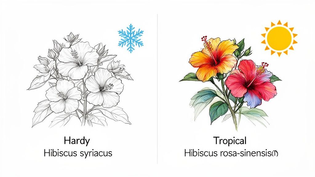 Comparison of Hardy (Hibiscus syriacus) and Tropical (Hibiscus rosa-sinensis) hibiscus flowers with season symbols.