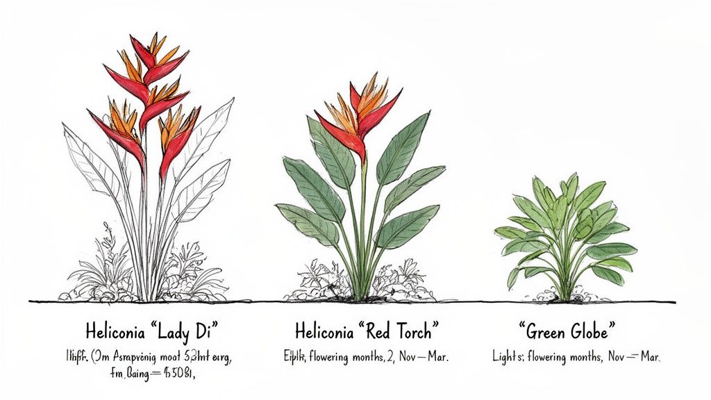 Illustrations of three Heliconia cultivars: Lady Di, Red Torch, and Green Globe, with details.