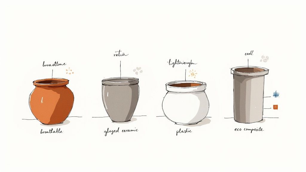 A collection of different planter pots in various materials and colours.