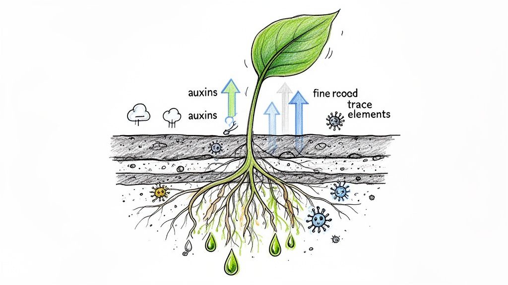 Detailed illustration of a plant's root system absorbing auxins and trace elements from fertile soil.