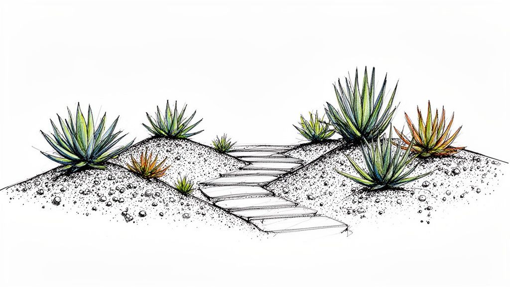 Sketch of a desert landscape with agave plants on rolling hills and a winding stone path.