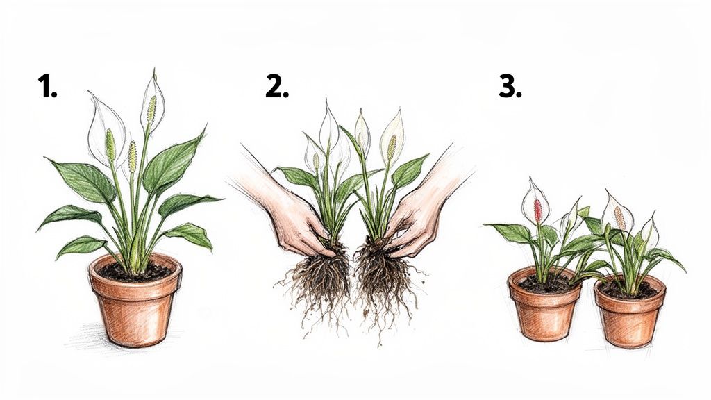 Illustration showing three steps of dividing a peace lily plant into two potted plants.
