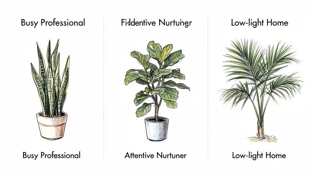Three common indoor plants with care instructions: Snake Plant, Fiddle Leaf Fig, and an Areca Palm.