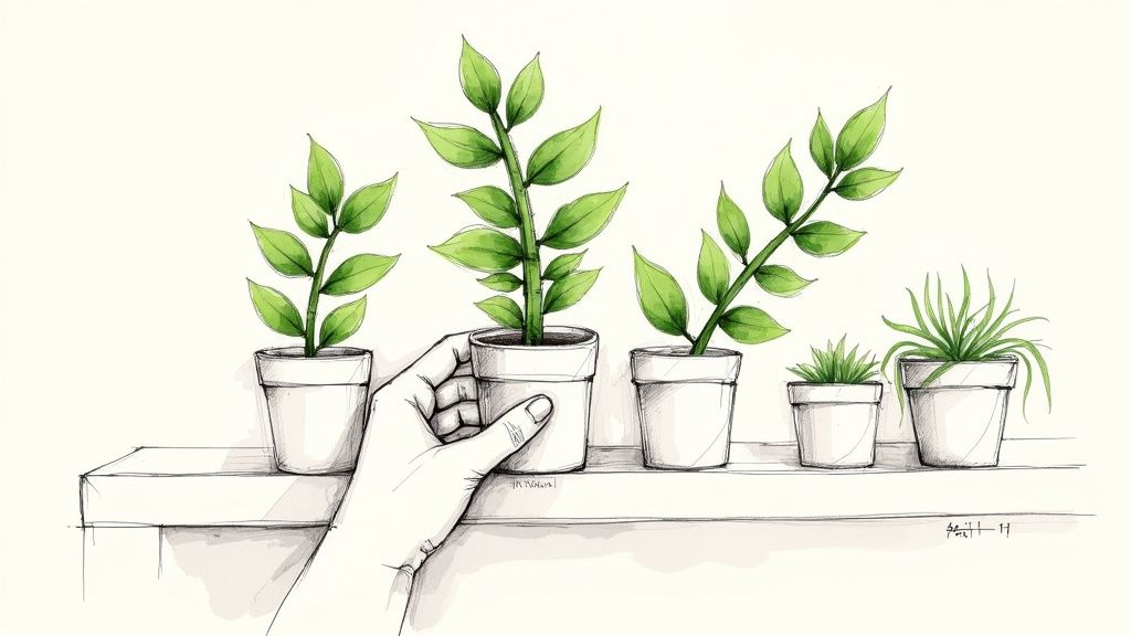 A hand reaches for a potted green plant on a shelf with several other plants.