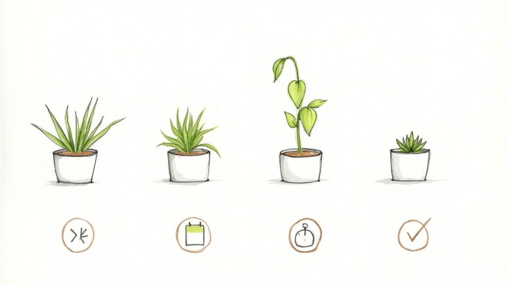 Illustration of four diverse potted indoor plants, each paired with a circular icon representing care.
