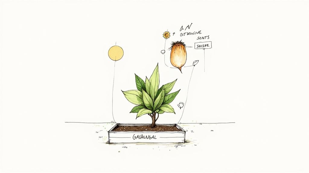 Hand-drawn illustration of a galangal plant in a planter, depicting its root and distinctive scents.