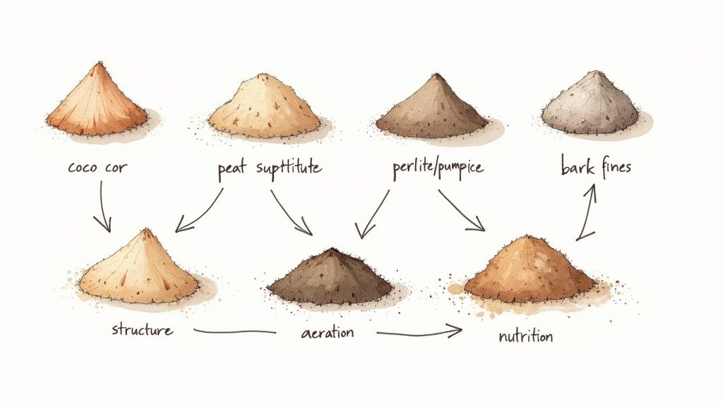 Diagram showing potting mix components including coco coir, peat substitute, perlite, and bark fines
