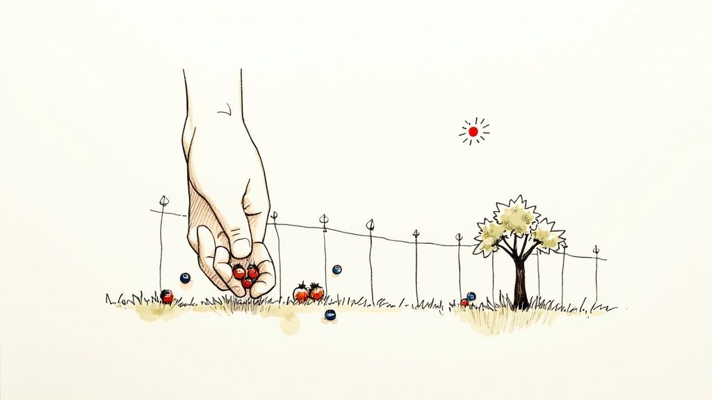 Freshly picked blueberries in a white bowl, sitting in a garden.