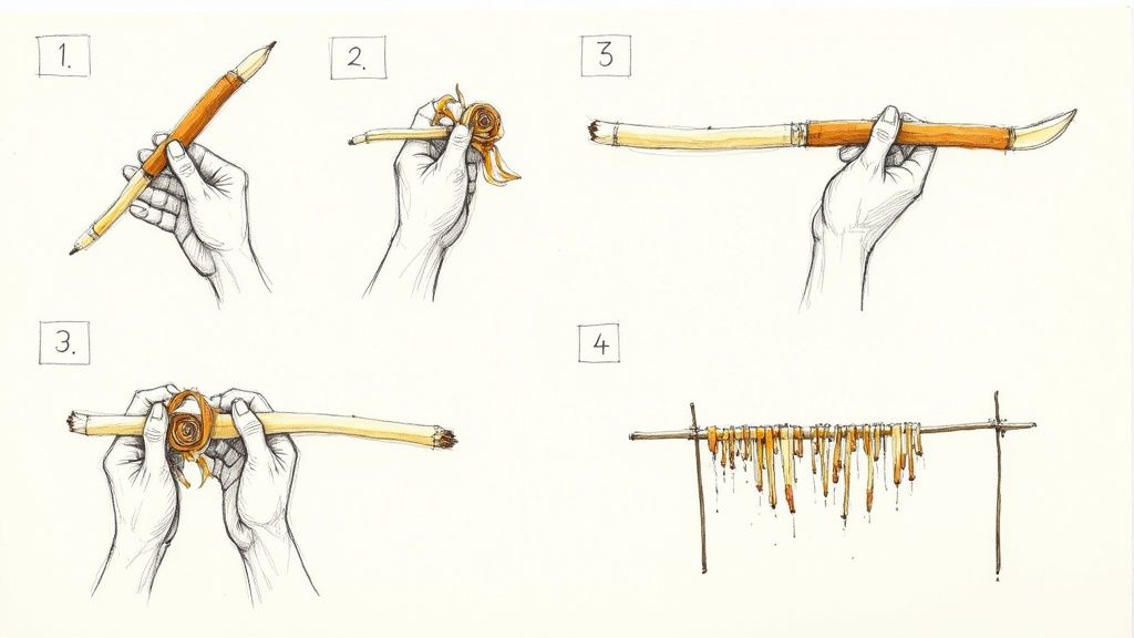 Illustration detailing the steps of peeling and drying cinnamon bark from a stick.