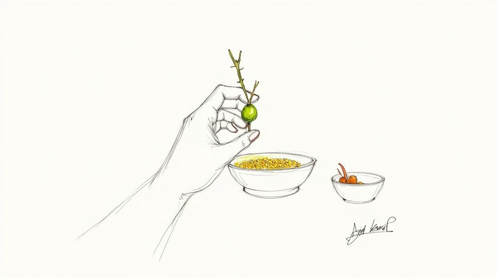 An illustrated hand holds a green fruit on a twig above two bowls with various ingredients.