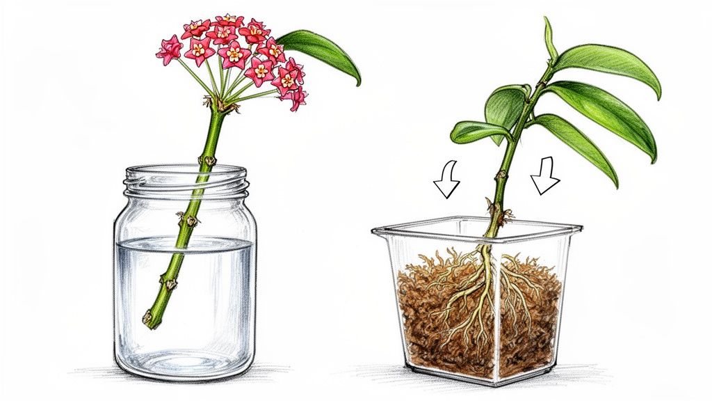 Illustration of Hoya plant propagation, showing a flowering cutting in water and a rooted cutting in soil.