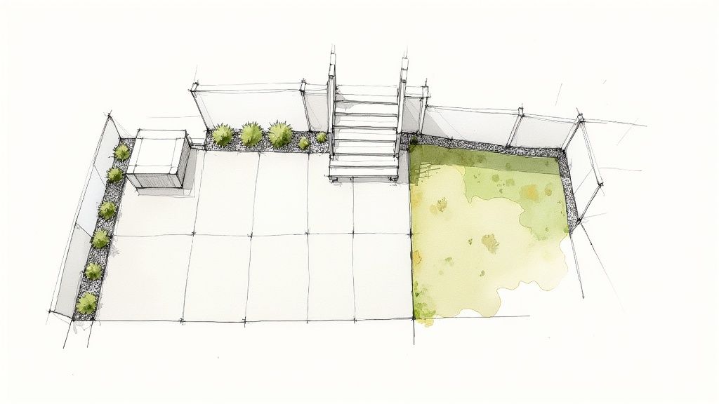 A person working on their garden landscape design, planting flowers and arranging stones.