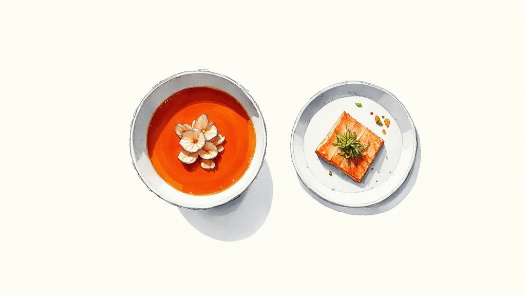 Artistic watercolor drawing showing a bowl of vibrant orange soup and a garnished piece of food.