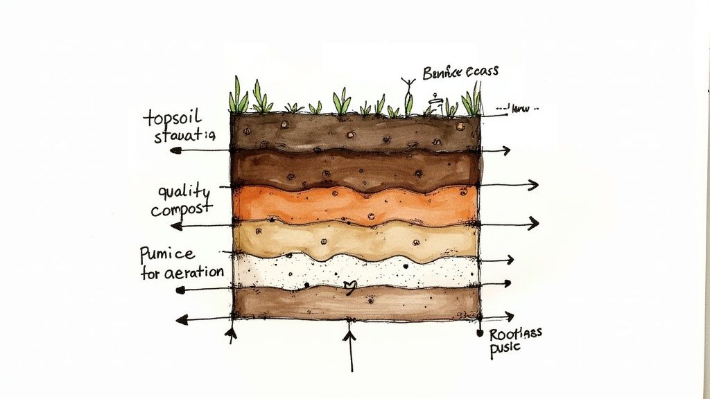 A gardener mixing rich compost and topsoil in a wheelbarrow for a raised garden bed.
