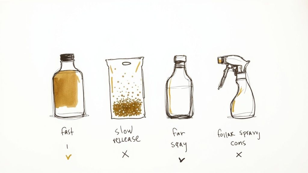 Sketches illustrate four plant care methods: fast liquid, slow release granules, far spray, and foliar spray.
